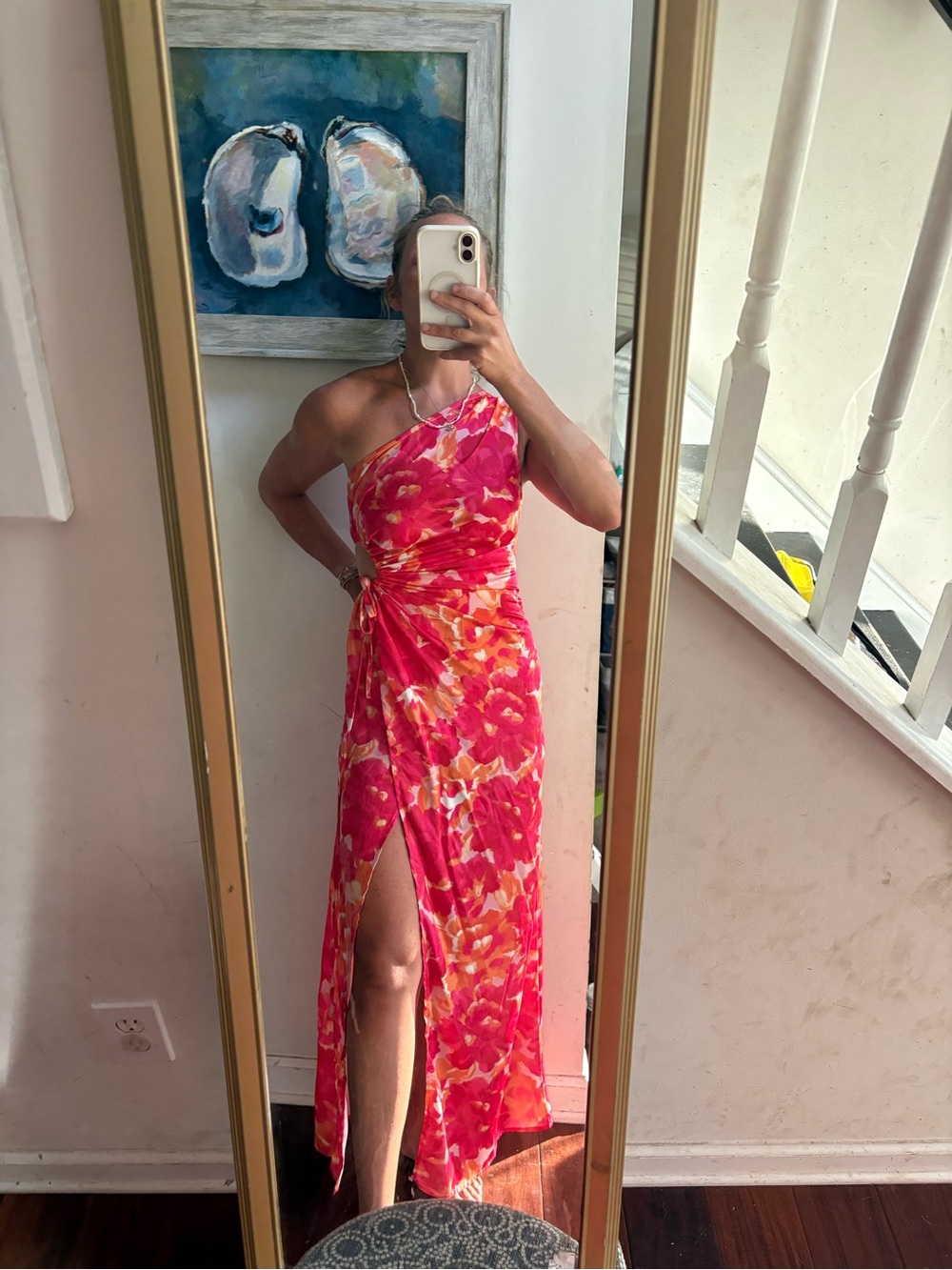 White Fox Boutique One-Shoulder Pink & Orange Floral Maxi Dress